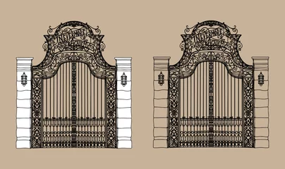 Fotobehang silhouette of a wrought iron gate vector illustration. Metal openwork old gates to the castle. Openwork leaf steel doors to the garden plot © Irina