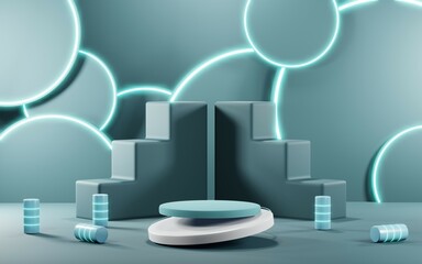 Naklejka premium 3D render of Podium background in blue tones for displaying cream products. cosmetics