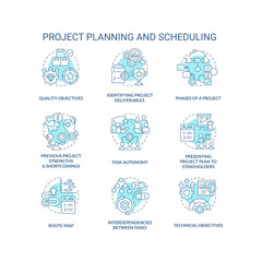 Project planning and scheduling turquoise concept icons set. Business improvement idea thin line color illustrations. Isolated symbols. Editable stroke. Roboto-Medium, Myriad Pro-Bold fonts used