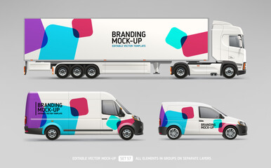 Company Car, Van, truck trailer mockup with abstract stripes design for branding and corporate identity. Abstract graphics for business flyer background. Racing decal livery. Branding vehicle 