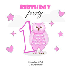 Invitation to a birthday party for 1 year. Pink owl with the number 1 on a white background and with pink decorations