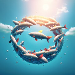 Beautiful shoal of fish swimming in a circular formation. - obrazy, fototapety, plakaty