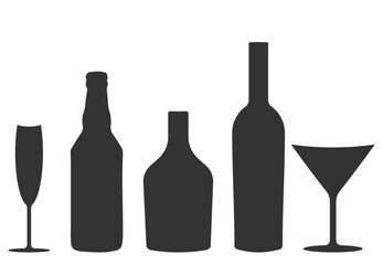 Wine bottle with wine glass icon or silhouette. Alcohol symbol. Vector illustration.	
