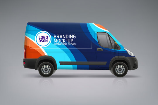 Company Car mockup with branding design. Corporate Van mockup. Abstract blue graphics corporate identity for company car. Vehicle branding graphics. Delivery Van editable vector template