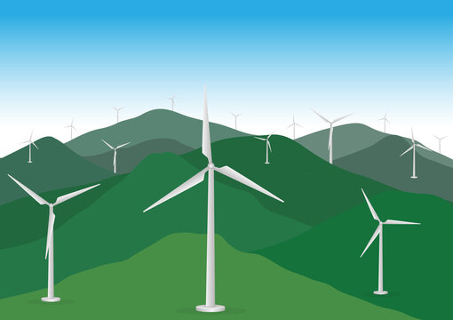 Wind turbines farm. Windmills on mountain and hill. Wind turbines. Renewable alternative sources energy. Vector illustration