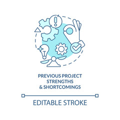 Previous project strengths and shortcomings turquoise concept icon. Work planning abstract idea thin line illustration. Isolated outline drawing. Editable stroke. Arial, Myriad Pro-Bold fonts used