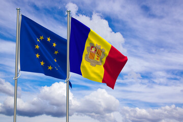 European Union and Principality of Andorra Flags Over Blue Sky Background. 3D Illustration