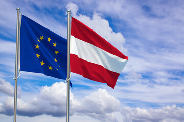 European Union and Republic of Austria Flags Over Blue Sky Background. 3D Illustration