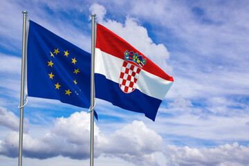European Union and Republic of Croatia Flags Over Blue Sky Background. 3D Illustration