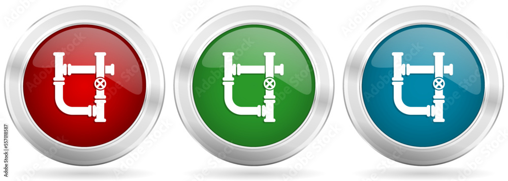 Poster pipeline, tube, pipe and industrial vector icon set. red, blue and green silver metallic web buttons