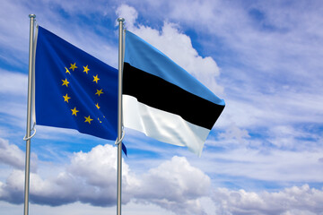 European Union and Republic of Estonia Flags Over Blue Sky Background. 3D Illustration