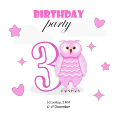 Invitation to a birthday party for 3 years. Pink owl with the number 3 on a white background and with pink decorations