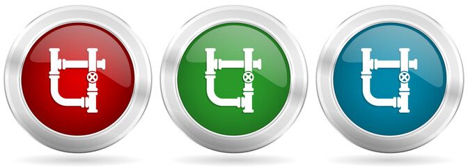 Obraz premium Pipeline, tube, pipe and industrial vector icon set. Red, blue and green silver metallic web buttons with chrome border
