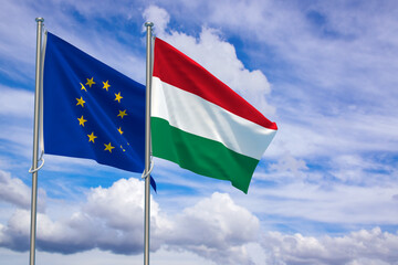 Fototapeta na wymiar European Union and Hungary Flags Over Blue Sky Background. 3D Illustration