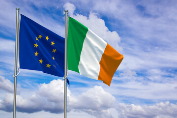 European Union and Republic of Ireland Flags Over Blue Sky Background. 3D Illustration