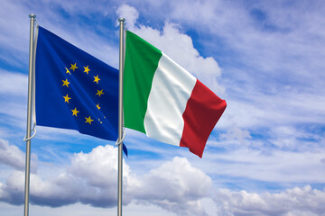 European Union and Italian Republic Flags Over Blue Sky Background. 3D Illustration