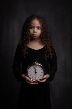 Two to twelve, nearly midnight; girl holding clock in dark painterly style