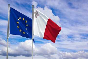 European Union and Republic of Malta Flags Over Blue Sky Background. 3D Illustration
