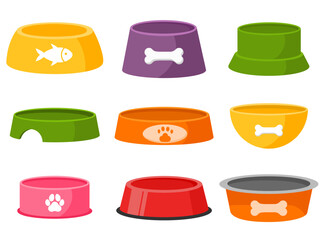 Vector colorful image of bowls for pet food. Feeding cats and dogs. The concept of veterinary care for pets. Design element for applications, website, etc.