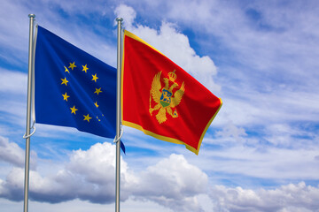 European Union and Montenegro Flags Over Blue Sky Background. 3D Illustration - obrazy, fototapety, plakaty