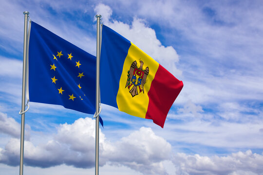 European Union and Republic of Moldova Flags Over Blue Sky Background. 3D Illustration