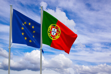 European Union and Portuguese Republic Flags Over Blue Sky Background. 3D Illustration