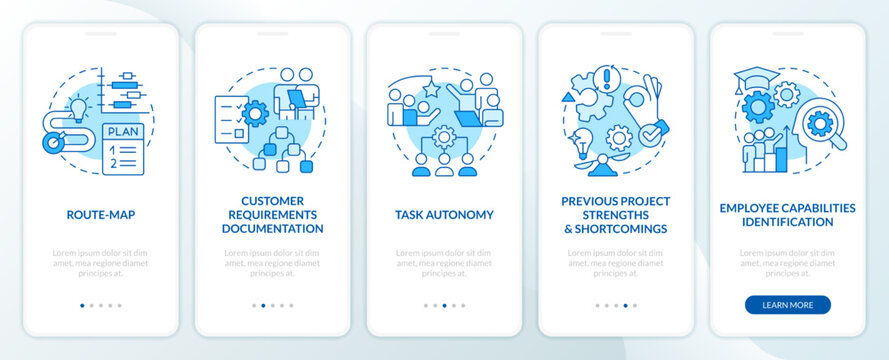 Project planning benefits blue onboarding mobile app screen. Business walkthrough 5 steps editable graphic instructions with linear concepts. UI, UX, GUI template. Myriad Pro-Bold, Regular fonts used