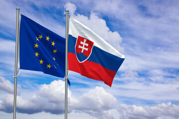European Union and Slovak Republic Flags Over Blue Sky Background. 3D Illustration