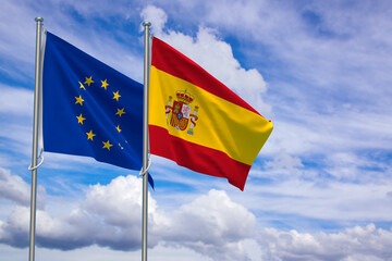 European Union and Kingdom of Spain Flags Over Blue Sky Background. 3D Illustration