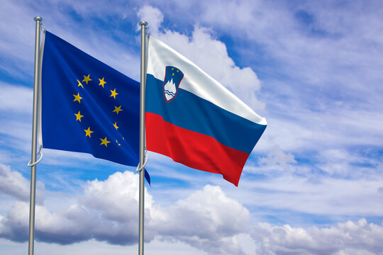 European Union and Republic of Slovenia Flags Over Blue Sky Background. 3D Illustration