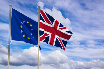 European Union and United Kingdom Flags Over Blue Sky Background. 3D Illustration