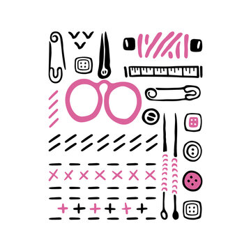 Sewing kit. Scissor, stitches, buttons and bobbin. Black and white doodles. Hand drawn icons collection. Vector illustration on white background.