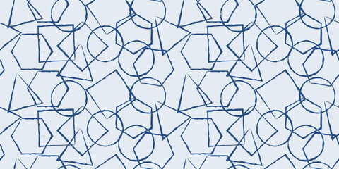 Abstract geometric frames pattern. Blue shapes create a seamless texture. Print is geometric and casual, for seamless packaging, pillows, wallpapers, textiles, backgrounds.