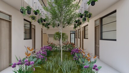 Design of the interior garden of a house, hanging plants