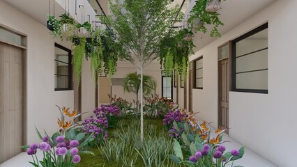 Fototapeta na wymiar Design of the interior garden of a house, hanging plants