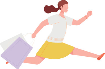 Happy customer running from sale with shopping bag
