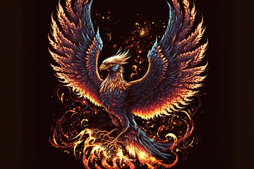 Illustration of a phoenix in fire. Symbol of rebirth. Fenix with burning wings and feathers. Firebird on black background, art illustration