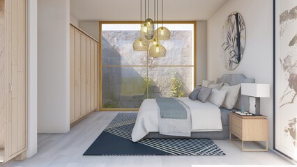 Interior view of a minimalist bedroom. with warm lighting and an exciting interior garden.