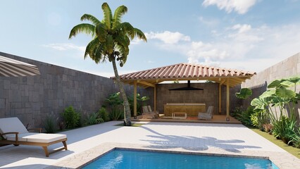 Rear garden of a house, with swimming pool, jacuzzi and recreational green areas and barbecue