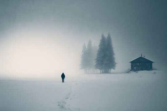 winter landscape, mist, minimal, loneliness, illustration