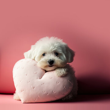 Cute Valentine's Day card image of an adorable white puppy dog playing with a heart-shaped pillow on a pink background, copy space, Generative AI