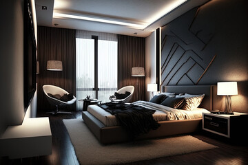Modern hotel bedroom. Generative AI