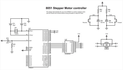 Vector schematic diagram of an electronic device.
Design demonstrates the use of a microcontroller to 
control a stepper motor. Electric scheme on the white
sheet of paper.