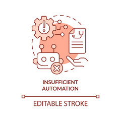 Insufficient automation red concept icon. Tech issue in public-health system abstract idea thin line illustration. Isolated outline drawing. Editable stroke. Arial, Myriad Pro-Bold fonts used