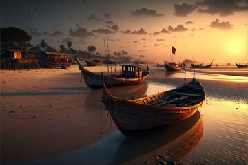 a painting of a beach with boats on it at sunset or dawn or dawn.