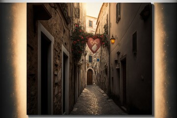 a narrow alley with a heart hanging from the side of it's building and a lantern light on the side.