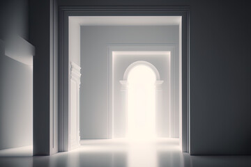 futuristic clean white room in abstraction. Backlight view of the night. architectural history exemplification and. Generative AI