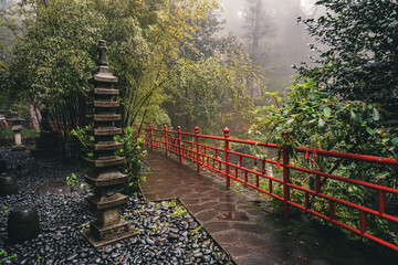 Japanese garden in the morning mist