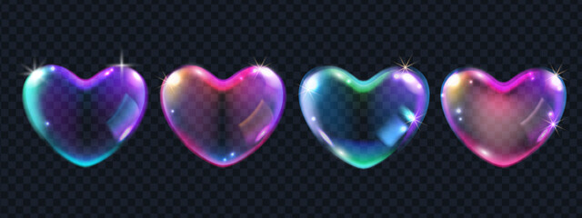 3D heart bubble overlay glossy vector illustration set, magic Valentine’s Day love icon balloon. Soapy foam transparent wedding shape, colorful shiny rainbow ball. Heart bubble abstract design element