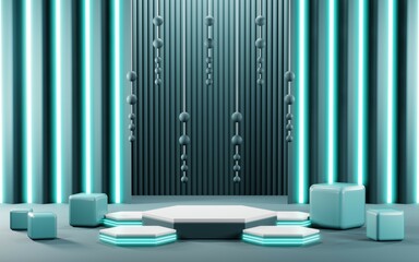 3D render of Podium background in blue tones for displaying cream products. cosmetics